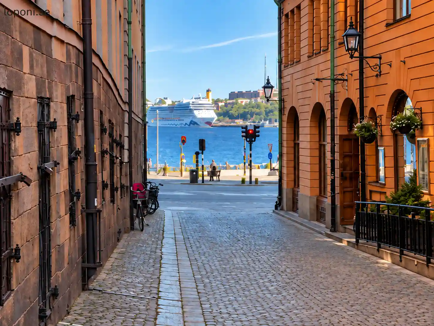 Kullerstensgränd i Gamla stan med utsikt över vattnet och ett kryssningsfartyg.