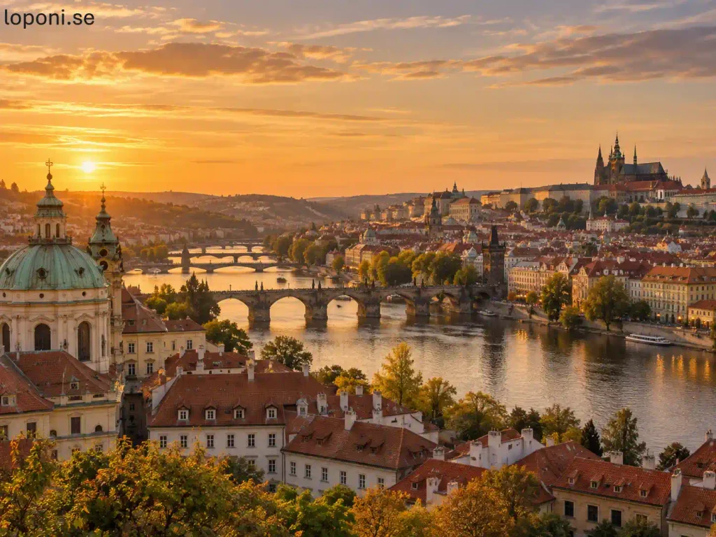 Panoramavy över Prag med Vltava och historiska byggnader i solnedgång