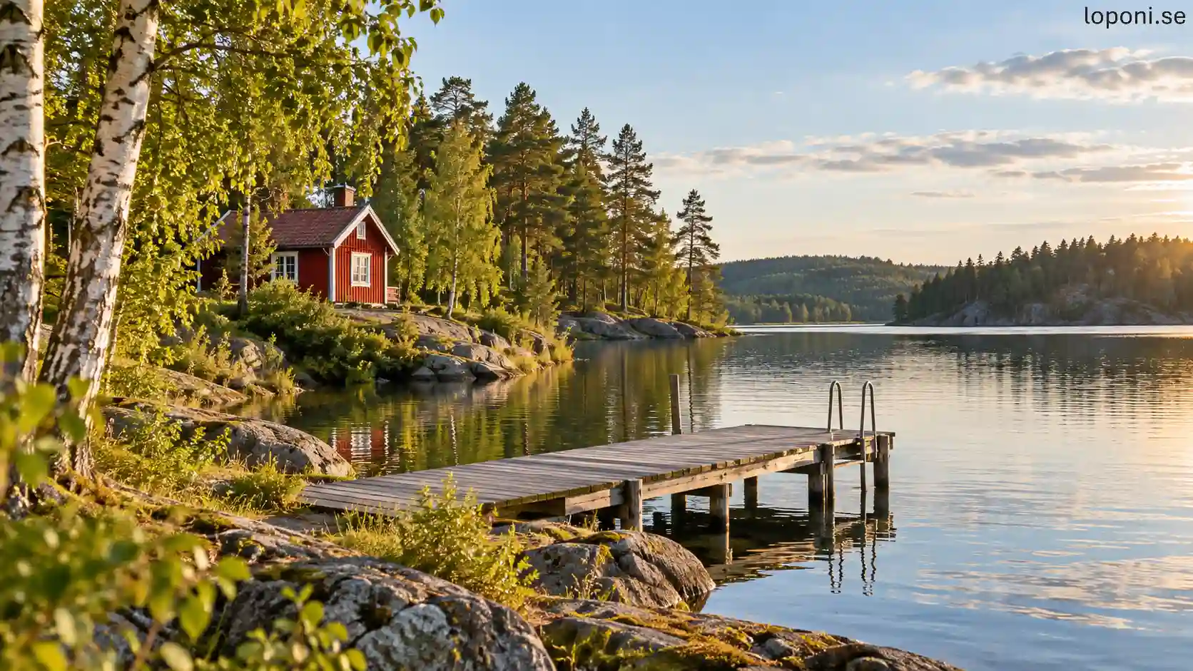Röd stuga vid en sjö med träbrygga och skog i kvällsljus