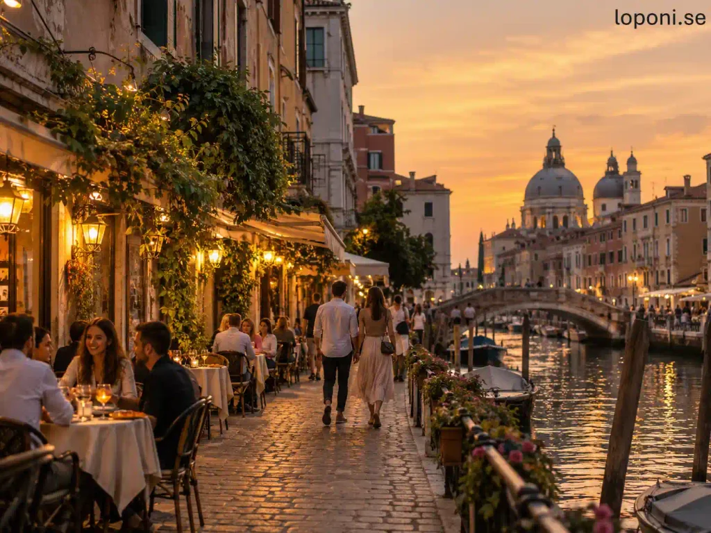 Kvällsstämning vid en kanal i Venedig med restauranger och historiska byggnader